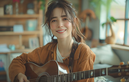 "In a contemporary living space, a joyful woman strums a guitar, radiating happiness by the windowの素材