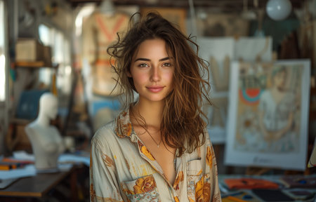 female clothing designer, clad in a shirt, works in her sunlit atelier amid sketches, patterns, and mannequinsの素材