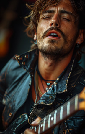 European man skillfully plays an electric guitar, radiating confidence and musical talentの素材