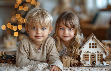 Two kids, a boy and a girl, sit near a white model house amid Christmas decorの素材