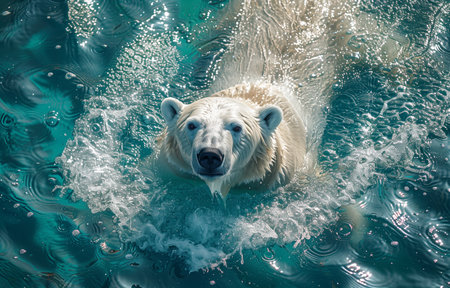 Polar bear gracefully swims in animal park's water, exhibiting natural elegance and strengthの素材