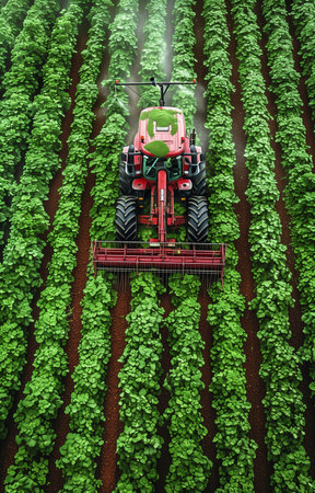 Above view captures agricultural machinery in fields, demonstrating planting techniques through aerial footageの素材