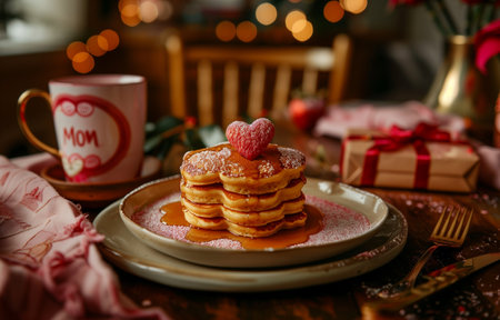 Heart-shaped pancakes spell MOM on white plate, backed by pink and red napkinsの素材