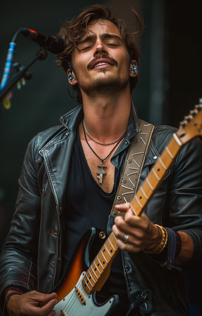 European man skillfully plays an electric guitar, radiating confidence and musical talentの素材
