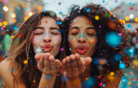 Young women joyfully blowing confetti from their hands, celebrating vibrantly at a lively carnival eventの素材