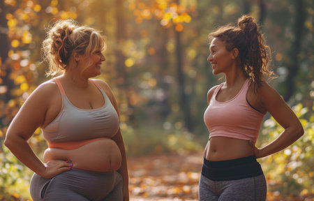 Two women of different sizes sharing laughter and joy in mutual camaraderieの素材