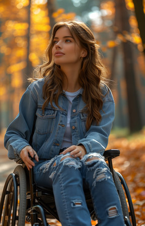 Portrait of a young woman seated in a wheelchair wearing a blue shirt and jeansの素材