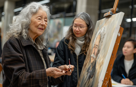 Elderly businesswoman guides gray haired man in painting a canvas, sharing artistic techniques and insightsの素材