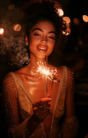 young woman in white dress holds sparkler candle at romantic dinnerの素材