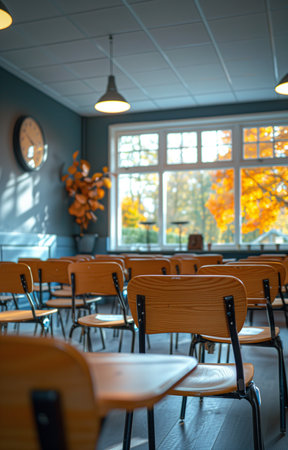 Empty contemporary classroom, devoid of occupants, showcasing modern educational environment and design elementsの素材