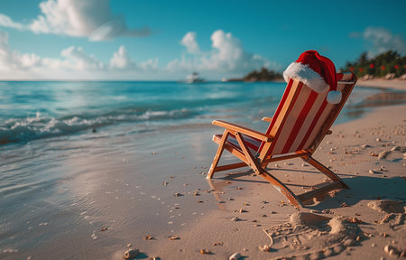 Santa's beach vacation. Christmas hat on striped chair with festive cap under sunny skiesの素材