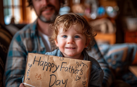 Little boy, back to camera, holds open gift box, Happy Father's Day written on itの素材