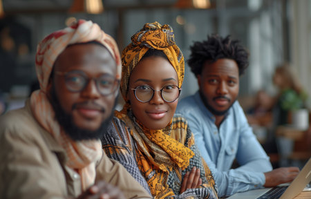 Multiethnic business team discussing at a modern office table, dressed casually, with a laptop on deskの素材