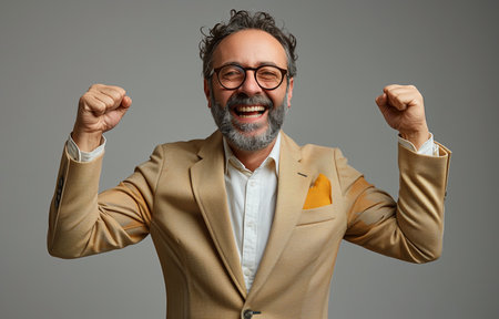 Portrait of jubilant businessman in beige suit rejoicing in triumphant achievementの素材