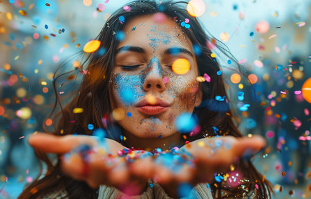 Young woman with dark hair, seen from behind, blows colorful, glittering confetti from her handの素材