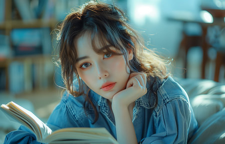 Stylish woman relaxes on sofa, engrossed in book, exuding beauty and tranquility effortlesslyの素材