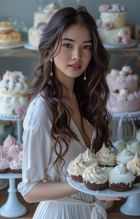 Woman holding up cakes, surrounded by various cakes on display tables with diverse decorations and party foodの素材