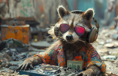 Amusing raccoon DJs with oversized headphones beside packed dumpster amidst garbageの素材