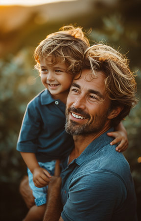 Father joyfully carries son on shoulders, bonding amidst the serene greens of the golf courseの素材