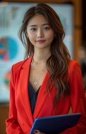 Professional woman illustrates marketing strategy with financial data on office whiteboard, showcasing business plan conceptの素材