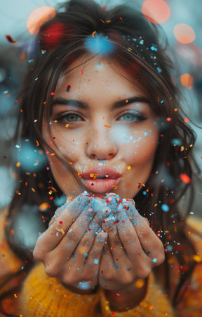 Young woman with dark hair, seen from behind, blows colorful, glittering confetti from her handの素材