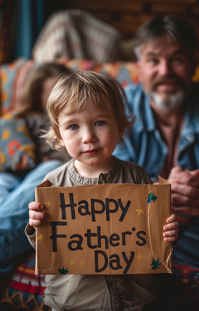 Little boy, back to camera, holds open gift box, Happy Father's Day written on itの素材