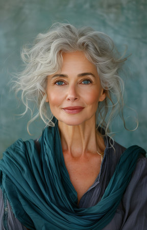 Joyful senior lady poses against soft green backdrop in charming portrait capturing contentmentの素材