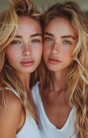 Blonde girls in white T-shirts take a selfie together outside, enjoying a sunny dayの素材