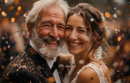 Senior couple joyfully reaffirming their vows, celebrating their enduring love on their wedding anniversaryの素材