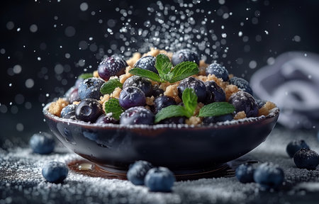 Blueberry Crisp captured in vibrant detail, highlighting its golden-brown crust and juicy, fresh blueberriesの素材