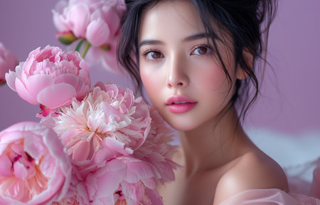 Radiant Asian woman, flawless makeup, pink lips, holding peonies, against purple backdrop, exudes eleganceの素材
