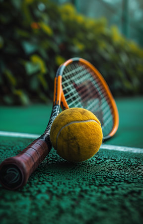 Engage in tennis on a court with racket and ball, mastering your game with finesseの素材