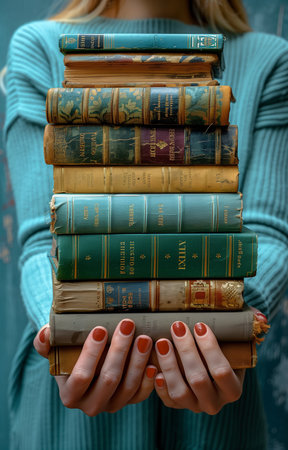 Graceful hands cradle books against a soft blue backdrop, symbolizing the pursuit of knowledgeの素材
