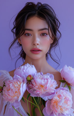 Radiant Asian woman, flawless makeup, pink lips, holding peonies, against purple backdrop, exudes eleganceの素材