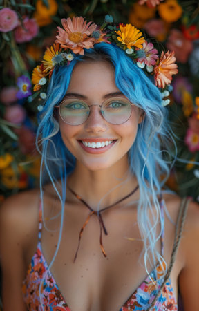 Smiling woman adorned in vibrant floral wreath with blue hair and chic glassesの素材