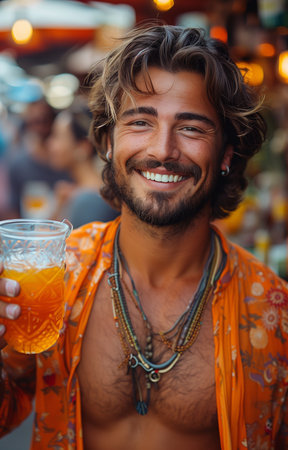 Young man with a beard joyfully raises a glass, toasting, standing on a vibrant streetの素材