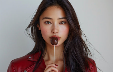 Stunning Asian woman in red leather enjoying a chocolate lollipop with her long straight hairの素材