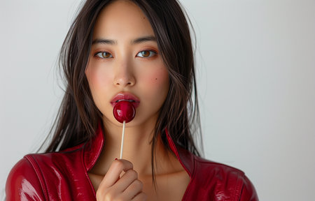 Stunning Asian woman in red leather enjoying a chocolate lollipop with her long straight hairの素材