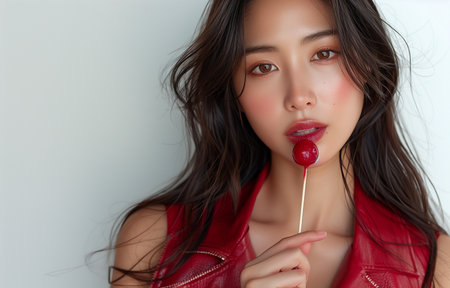 Stunning Asian woman in red leather enjoying a chocolate lollipop with her long straight hairの素材