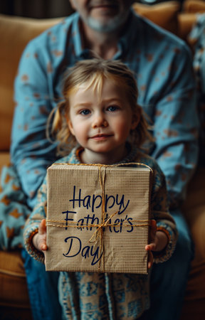Little boy, back to camera, holds open gift box, Happy Father's Day written on itの素材