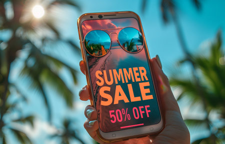 Hand holding a smartphone displaying a SUMMER SALE banner on the screen, highlighting the seasonal discount eventの素材