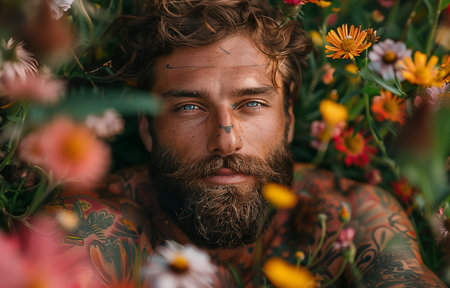rugged gentleman reclines amidst a meadow's vibrant blooms, exuding natural allure and tranquilityの素材
