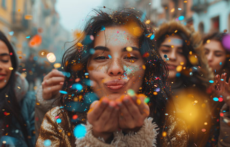 Young woman with dark hair, seen from behind, blows colorful, glittering confetti from her handの素材