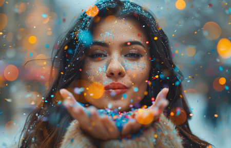 Young woman with dark hair, seen from behind, blows colorful, glittering confetti from her handの素材