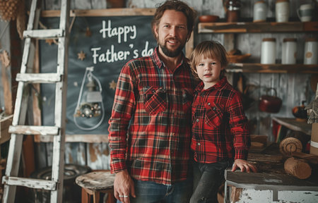Father and son, clad in red plaid, pose by old white ladder against wallの素材