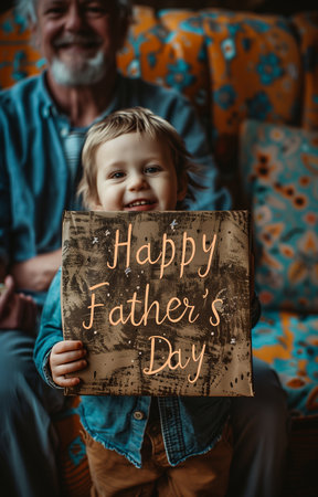 Little boy, back to camera, holds open gift box, Happy Father's Day written on itの素材
