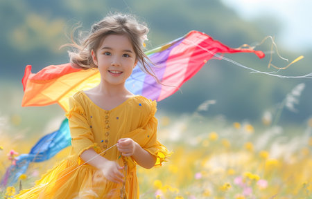 girl in a yellow dress joyfully flies a colorful kite across a green meadowの素材