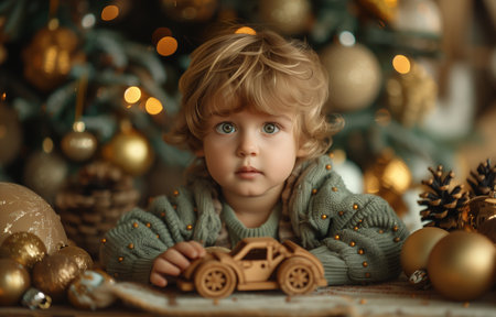 blond haired boy sits by the Christmas tree, holding a wooden car toyの素材