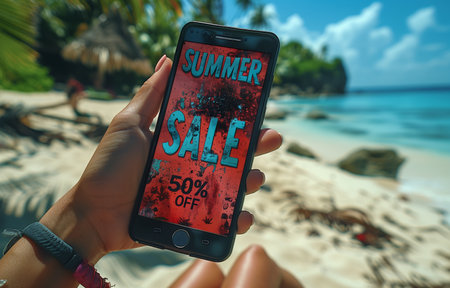 Hand holding a smartphone displaying a SUMMER SALE banner on the screen, highlighting the seasonal discount eventの素材