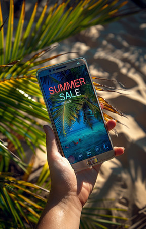 Hand holding a smartphone displaying a SUMMER SALE banner on the screen, highlighting the seasonal discount eventの素材